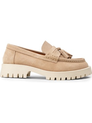 Deery Kadın Hakiki Süet Bej Püsküllü Loafer - 02035ZBEJC01