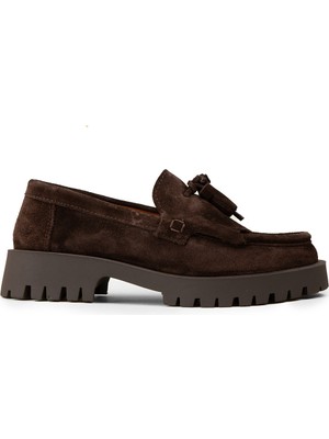Deery Kadın Hakiki Süet Kahverengi Püsküllü Loafer - 02033ZKHVC01