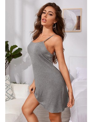 Ang Butik Kadın Gri Ip Askılı Penye Gecelik