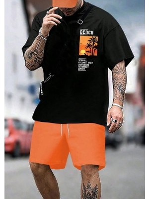 Punix Punıx Büyük Beden Bıg Sıze Beach Baskılı Ter Tutmayan Yazlık Battal Erkek Şort T-Shırt Takım