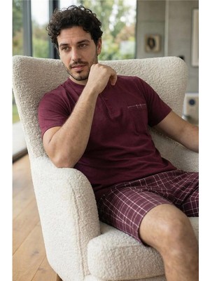 Deep Maroon Şortlu Pat Detaylı Elegant Erkek Pijama Takımı