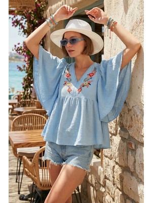 Lela Nakışlı Yarasa Kollu Bluz Bayan Bluz 611BZ0409