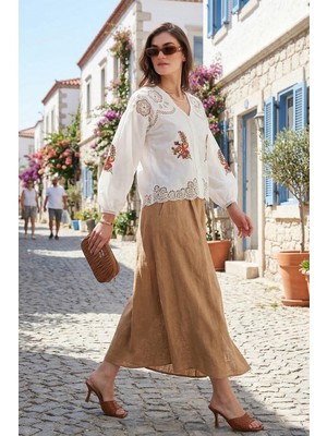 Lela Nakış Işlemeli Pamuklu Regular Fit Ajurlu V Yaka Gömlek Bayan Gömlek 676214