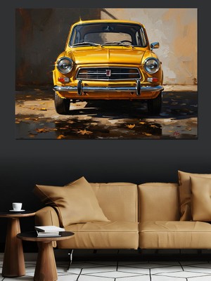 Artmeg Sonbaharda Klasik Sarı Küçük Araba Dekoratif Kanvas - Mdf Ahşap Tablo