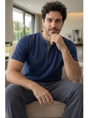 Pijama Evi Signature Navy Kısa Kollu Pat Detaylı Elegant Erkek Pijama Takımı