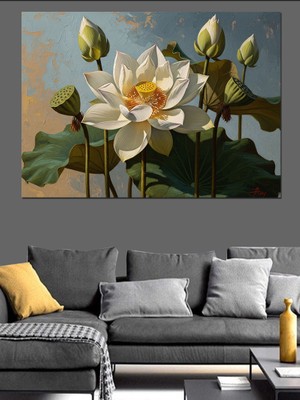 Artmeg Su Üstünde Beyaz Lotus Çiçeği Dekoratif Kanvas - Mdf Ahşap Tablo