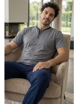 Urban Grey Kısa Kollu Pat Detaylı Elegant Erkek Pijama Takımı