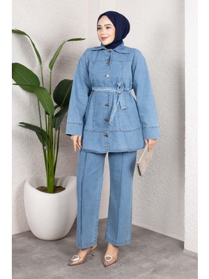 Kuşaklı Düğmeli Denim Takım – Rahat Kesim Ikili Kombin Buz Mavisi