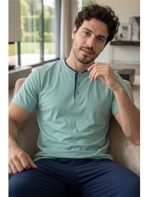 Muted Aqua Kısa Kollu Pat Detaylı Elegant Erkek Pijama Takımı
