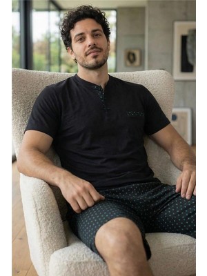 Pijama Evi Midnight Black Şortlu Pat Detaylı Elegant Erkek Pijama Takımı