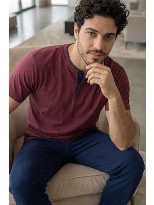 Burgundy Wine Kısa Kollu Pat Detaylı Elegant Erkek Pijama Takımı