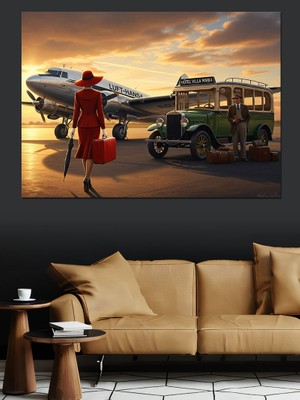 Artmeg Gün Batımında Uçak ve Klasik Araba Dekoratif Kanvas - Mdf Ahşap Tablo