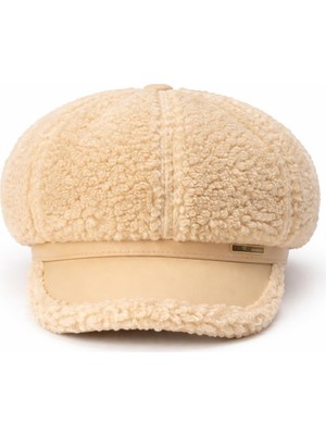 Valkyrie Kadın Peluş Şapka Deri Siperlikli Kışlık Teddy Şapka Yumuşak Sıcak Tutan Bere Krem
