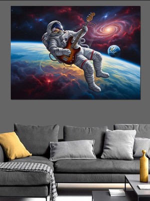 Artmeg Uzayda Gitar Çalan Astronot Tablo Dekoratif Kanvas - Mdf Ahşap Tablo