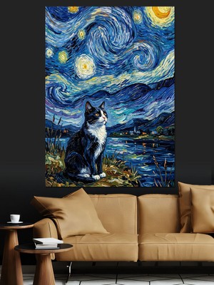 Artmeg Van Gogh Yıldızlı Gece ve Kedi Dekoratif Kanvas - Mdf Ahşap Tablo