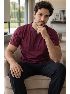 Pijama Evi Royal Bordeaux Kısa Kollu Pat Detaylı Elegant Erkek Pijama Takımı