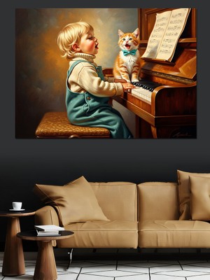 Artmeg Piyano Çalan Küçük Çocuk ve Kedisi Dekoratif Kanvas - Mdf Ahşap Tablo