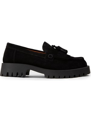 Deery Kadın Hakiki Süet Siyah Püsküllü Loafer - 02033ZSYHC01