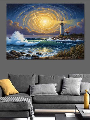 Artmeg Fırtınalı Denizde Aydınlık Deniz Feneri Dekoratif Kanvas - Mdf Ahşap Tablo