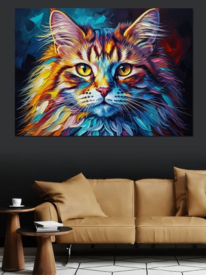 Artmeg Renkli Boya Patlamalı Kedi Yüzü Dekoratif Kanvas - Mdf Ahşap Tablo