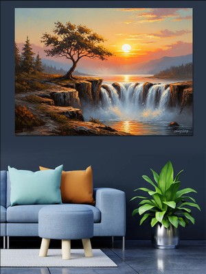 Artmeg Gün Batımında Şelale ve Doğa Dekoratif Kanvas - Mdf Ahşap Tablo