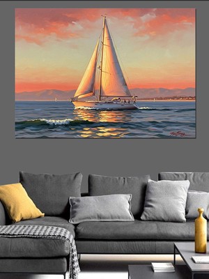 Artmeg Gün Batımında Denizde Tek Başına Yelkenli Dekoratif Kanvas - Mdf Ahşap Tablo