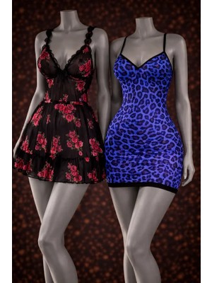 albonse Mor Leopar Desenli V Yaka Mini Gecelik ile Siyah Gül Baskılı Transparan Babydoll Iç Giyim Set