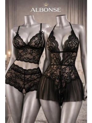 albonse Siyah Dantel Detaylı Zarif Özel Bölgeleri Açık Fantezi Gecelik Takımı 2 Li Avantajlı Paket