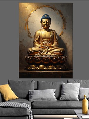 Artmeg Altın Buda Heykeli Meditasyon Sanatı Dekoratif Kanvas - Mdf Ahşap Tablo