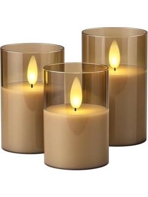 Daisy Store Prag 3’lü LED Mum Seti | 3200K Işık | Pilli Çalışan (3×aaa – Dahil Değil) | Gerçek Alev Efektli, Dekoratif Cam Mumlar | Ev, Salon, Yılbaşı, Masa Üstü Kullanım
