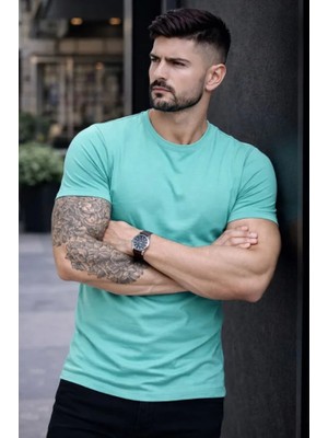 Beruflic Erkek T-Shirt Bisiklet Yaka Slim Fit Dar Kesim Likralı Tişört Günlük Basic Body - Turkuvaz
