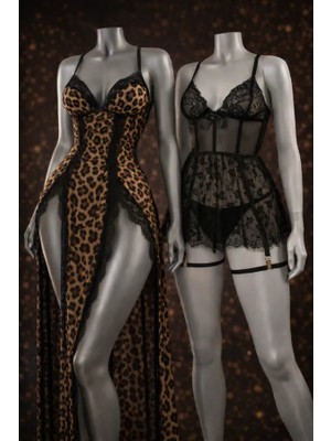 albonse Leopar Desenli Yırtmaçlı ve Dantel Detaylı Göğüs Dekolteli Gecelik Takımı Avantajlı 2 Li Paket