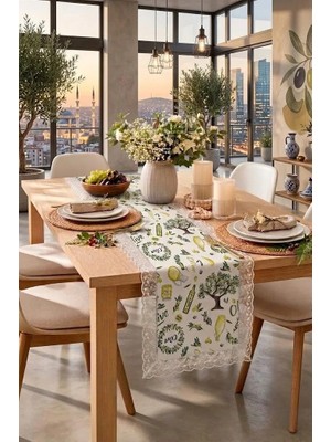 Rona Home Zeytin Dalı Desenli Runner Masa Örtüsü Dantel Kenarlı Mutfak Salon Dekoratif Zeytin Temalı Runner