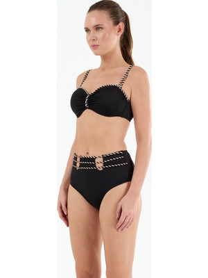 Louren Kadın Siyah/mavi Biye Detaylı Kaplı Telli Yüksek Bel Straplez Bikini Takımı