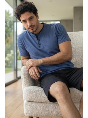 Pijama Evi Midnight Steel Şortlu Pat Detaylı Elegant Erkek Pijama Takımı