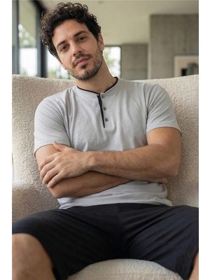 Pijama Evi Urban Mist Şortlu Pat Detaylı Elegant Erkek Pijama Takımı