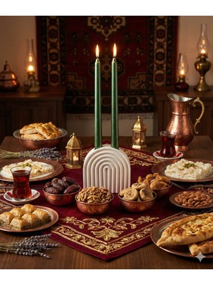 Verda Desing Hediyelik Kutuda Ramazan Tasarımlı Dekoratif Metalik Yeşil Şamdan Mumu 2 Li Set