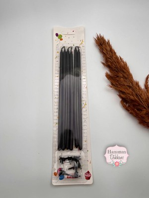 Verda Desing Metalik Siyah Uzun Çubuk Pasta Mumu 20 cm 6 Lı Set