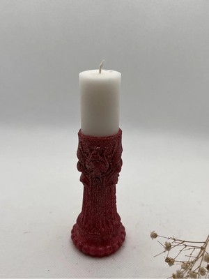 Verda Desing Kendinden Şamdanlı Dekoratif Sanatsal Desenli Metalik Kırmızı Şamdan Mumu 1 Li