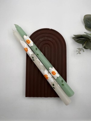 Verda Desing El Emeği Boyama Yeşil ve Beyaz Papatyalı Mum Dekoratif Şamdan Mumu 2 Li Set