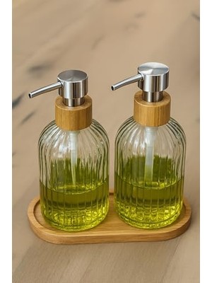 Daisy Store 2’li Cam Sıvı Sabunluk Seti – Füme Renk, 300 ml Şeffaf Cam Gövde, Doğal Bambu Başlık ve Stand – Modern Pompalı Dispenser – Banyo, Mutfak ve Lavabo Üstü Kullanım Için Uygun
