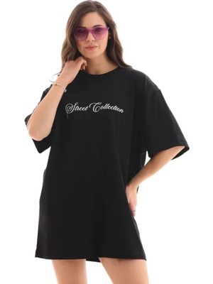 Marsilyan Baskılı T-Shirt Kısa Kol Bisiklet Yaka Regular Rahat Kalıp Günlük Tişört - Siyah