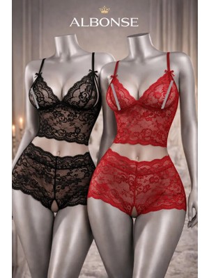 albonse Kadın Siyah-Kırmızı Dantel Crop Bralet ve Yüksek Bel Transparan Şort Takımı Avantajlı 2 Li Paket