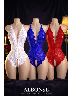 albonse Kırmızı-Beyaz-Saks Özel Bölgesi ve Sırtı Açık Dantel Detaylı Fantezi Gecelik Takım 3lü Avantajlı Paket