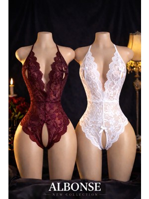 albonse Bordo-Beyaz Özel Bölgesi ve Sırtı Açık Dantel Detaylı Fantezi Gecelik Takım