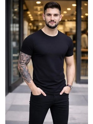 Beruflic Erkek T-Shirt Bisiklet Yaka Slim Fit Dar Kesim Likralı Tişört Günlük Basic Body - Siyah