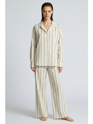 Feu De Elu Elyra Ekru Çizgili Uzun Poplin Pijama Takımı