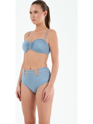Louren Kadın Siyah/mavi Biye Detaylı Kaplı Telli Yüksek Bel Straplez Bikini Takımı