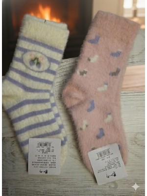 Trendy Chic 2 Çift Pembe Kalp ve Mor Çizgili Peluş Çorap