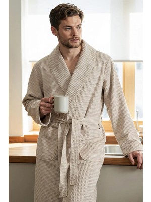 Green Black Afra Elite Serisi Erkek Pike Bornoz Bej, Oeko Tex Standard 100 Sertifikalı %100 Ege Pamuğu, Dokuma 250 GSM